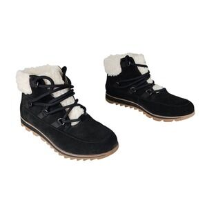 Sorel Snow Boot sz 7 Women Harlow Lace Cozy Brown Leather Sherpa Gorpcore Hiking